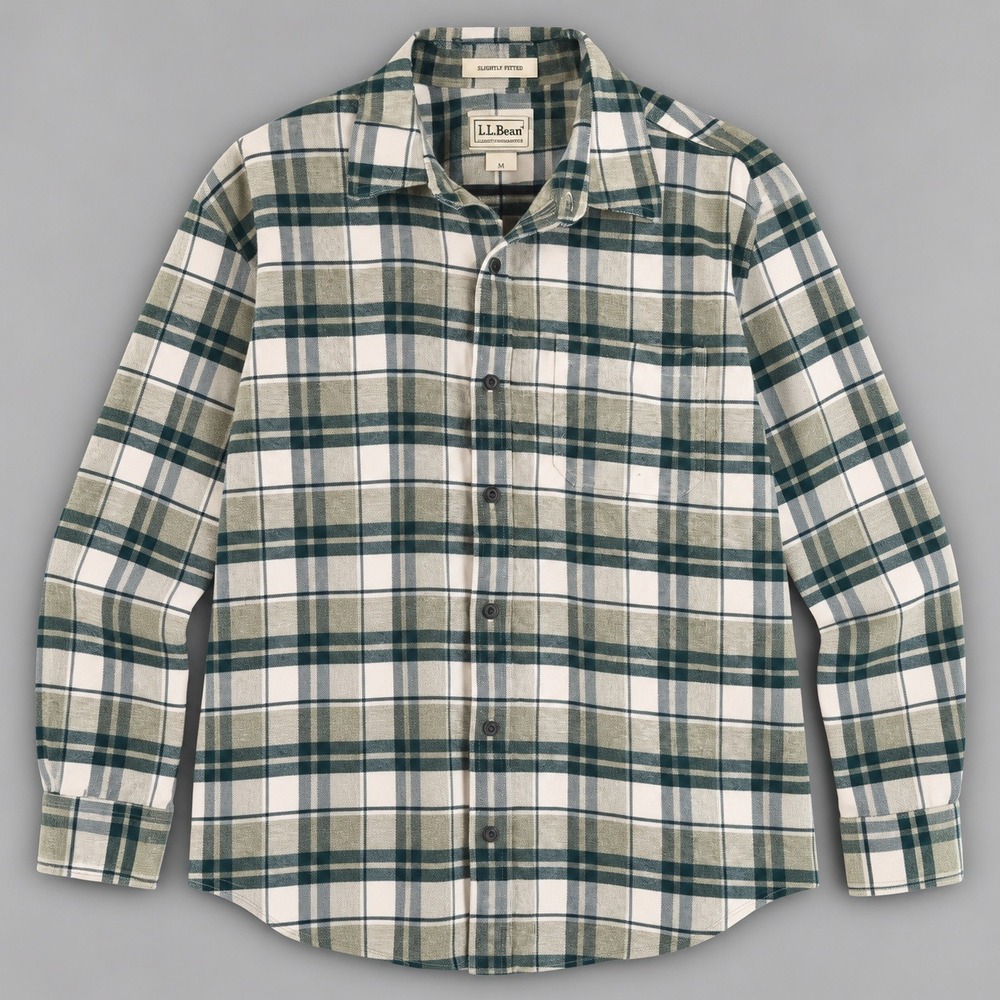 LL Bean Mens XL Green White Plaid Flannel Shirt Slightly Fitted 500225
